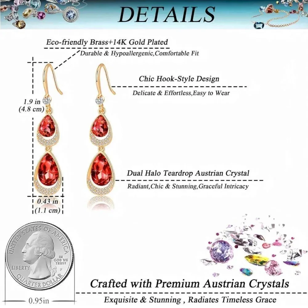 14K Yellow Gold with Ruby Red Austrian Crystal Double Teardrop Hook Earrings